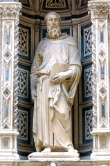 1. Donatello, Saint Mark, 1413, Or San Michele, Florence, Italy, marble. This sculpture stands 236 centimeters (or 7 feet and nine inches) high and is made out of marble. It was made during the Italian Renaissance and sculpted by Donatello. Donatello was from Florence, specialized in bas-relief, and trained under Ghiberti. The statue of St. Mark resides in the exterior niche of the Or San Michele church in Florence. The sculpture also incorporates the contropposto pose, which puts more weight on St. Mark's right leg. This sculpture has strikingly realistic characteristics such as the details of St. Mark's veins on his hands.