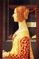 12. Domenico Ghirlandaio, Giovanna Tornabuoni, 1448, CE, Thyssen-Bornemisza Collection, Madrid, Spain, oil and tempera on wood. Profile portrait of Italian noblewoman created perhaps in memorial (she died in childbirth). The portrait placed emphasis on the quality of her garments and the elegance of her facial profile, long neck and hairstyle. The dark background is illusionary giving the impression of a figure seated in front of a window. The book and other belongs are also part of the sitter's indentity. A cartellino (card) appears in the upper right corner; it contains an epigram from the Latin poet Martial, evidence of Giovanna's Humanist leanings.