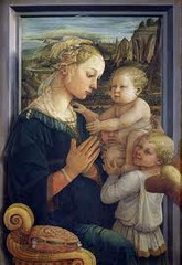 15. Fra Filippo Lippi, Madonna and Child with Angels, 1455, CE, Galleria degli Uffizi, Florence, tempera on wood. The Madonna depicted in the artwork is modeled after Lucrezia Buti, a nun whom he fell in love with. Lippi's variation is different from Cimabue's and Giotto's because his version is more playful and idealized with softer curves, whereas Cimabue's Madonna's expression is very serious and the figures depicted in the artwork are very stiff. The Madonna sits in front of a window, casting a shadow upon it to give the artwork a more intimate and 3-D look to it. Using tempera paint, Lippi applied paint the opposite color of the actual color he wanted.