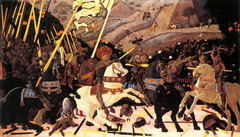 16. Paolo Uccello, Battle of San Romano, 1455, CE, National Gallery, London, tempera on wood. The Battle of San Romano is a triptych, which are displayed and dispersed in the Uffizi Museum in Florence, the National Gallery in London, and the Louvre in Paris. The painting depicts three scenes from the Battle of San Romano between the victorious Florence and Siena fought in 1432. The piece was originally commissioned by the Bartolini family, but Lorenzo de Medici wanted it so much, he removed and placed in his house. The artwork is focused on linear perspective, evidence by the Uccello's use of foreshortening of the broken lances, which are used as the painting's orthogonal lines to the vanishing point.