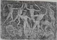 19. Antonio Pollaiuolo, Battle of the Ten Nudes, 1465, CE, Metropolitan Museum of Art, New York, engraving. This large engraving shows 5 men with and 5 men without head bands fighting in pairs with weapons. They all have different, strained athletic positions, and it is in a classicizing style, but the men grimace fiercely and there is strongly emphasized musculature. This uses a return-stroke engraving technique. Some say Pollaiuolo did not engrave the plate himself and hired specialists, but this is a minor view because engraving is an essential skill for Pollaiuolo's occupation, gold-smithing. He produced niello engraved plaques. This was the first print signed with the artist's full name on the left rear of the plaque.