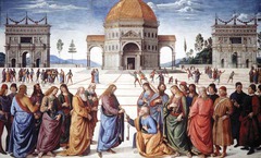 23. Perugino, Christ Delivering the Keys of the Kingdom to Saint Peter, 1483, CE, Sistine Chapel, Vatican, Rome, Italy, fresco. Also called The Delivery of the Keys, this fresco was created for the Sistine Chapel in Rome but was too large for Perugino to finish on his own, requiring the hire of additional painters including Ghirlandaio and Botticelli. Classic expressionism as well as sentimental piety are featured techniques of Perugino's and are apparent here along with the inspiration of Andrea del Verrocchio in the active drapery, complexity, refinement, and odd proportion. The painting shows Christ handing the keys of heaven to St. Peter while he is surrounded by other Apostles (each with a halo) in conjunction with portraits of contemporaries and one of the painter himself.