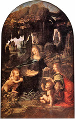 24. Leonardo da Vinci, Virgin of the Rocks, 1485, CE, Louvre, France, oil on wood. Two nearly identical paintings with this name were created by da Vinci around the same time during the High Renaissance in Italy; the above is housed in the Louvre and can be distinguished only because of the differences in the angel's gesture. They show the Virgin Mary and the Christ Child with a baby John the Baptist (patron saint of Florence) and an angel surrounded by rocks, an allegory not featured in the Bible. Techniques used by da Vinci in this painting include sfumato which is a way of painting without lines or borders, one of four canonical modes of the Renaissance; expressionism and realism are also apparent.