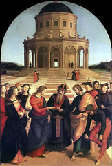 28. Raphael Sanzio, Marriage of the Virgin, 1504, CE, Chapel of Saint Joseph in Citta di Castello, near Florence, Italy, Pinacoteca di Brera, Milan, oil on wood. This painting by Raphael depicts the marriage between Mary and Joseph. It was completed for the Franciscan church in Citta di Castello and commissioned by Filippo degli Albezzini. Originally Raphael's teacher Perugino was supposed to paint this painting but he was absent at the time so Raphael painted it. Raphael added many affects which make the character more fluid and it seems like they have more movement. Raphael also made the painting have a 3-dimesional appearance. Many details were also added to the clothing and building which makes the painting seem more realistic.