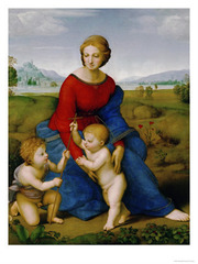 30. Raphael Sanzio, Madonna of the Meadows, 1505, CE, Kunsthistorisches Museum, Vienna, oil on panel. This is Madonna del Patro painted by Raphael. The painting depicts three figures in a green meadow touching hands. The figures are the Virgin Mary, Christ, and John. The Virgin Mary is in an elongated pose. The Virgin Mary wears blue which symbolizes the church and also red which symbolizes Christ's death. The poppy in the background of the figures refers to Christ's passion, death, and resurrection. Each of the figures are linked in some way. Christ reaches out to touch John's cross while The Virgin Mary holds him.