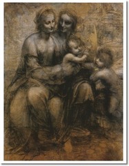 31. Leonardo da Vinci, Virgin and Child with St. Anne and the Infant St. John, 1507, CE, National Gallery, London, charcoal heightened with white on brown paper. This painting by da Vinci was a cartoon- a rough outline that would have been later transferred to a larger canvas by tracing the outline. The painting depicts Anne, the mother of Mary and Jesus' cousin St. John as a child. Leonardo wanted to depict the eternality of the family and did so by joining them through common lines that run from Anne, through to Mary and then to Jesus and John. The glances of the group follow a similar pattern ending with Jesus looking up at Anne's pointed finger, prophesizing his entrance into heaven.