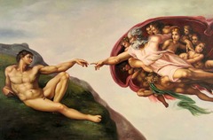 37. Michelangelo Buonarroti, Sistine Chapel Ceiling, 1512, CE, Sistine Chapel, Vatican City, Rome, Italy, fresco. Commissioned by Pope Julius II, 5000-square-feet curved ceiling of buon fresco with unusual bright colors later inspired Mannerism. On the edges, trom p'edoil and grisaille create sculptural images and illusionistic architectures. Typical Michelangelo monumental, masculine human figures show Classical idealism. Divinity of characters is shown through body movements rather than with halo or wings. Continuous narrative in central rectangular area depicts scenes from the Book of Genesis. Michelangelo used chiaroscuro with consideration of the direction of natural light. No two figures out of three hundred are in the same pose; some - puti figures - are for artistic expression, not for narrative.