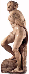 39. Michelangelo Buonarroti, Bound Slave, 1516, CE, Louvre, France, marble. This sculpture was originally to be part of the tomb of Pope Julius II, along with the Dying Slave, but was excluded due to revision. The slave is bound to the rock and in himself, with head, shoulders, and hips twisted in opposite direction from each other (serpentine position), distorting himself. Its struggle against ties and the direction of its head looking up reveals its desire of freedom and yearning for God. It is usually considered unfinished due to some rough surfaces of marble and abandoning mark with tools. It was later donated to Roberto Strozzi and remained in France.