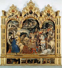 4. Gentile da Fabriano, Adoration of the Magi Altarpiece, 1423, CE, from Santa Trinita, Florence, Italy, Galleria degli Uffizi, Florence, tempera on wood. Commissioned by Palla Strozzi, this piece is a large tempera on wood. This piece is of international gothic style, and the individuals painted all wear elegant and fancy clothing. Palla Strozzi and his father (named Onofrio) are located in the painting (Palla as the man in a red hat in front of the painting and his father as a falcon hunter). In the painting, you can also see a variety of animals like: horses, apes, lions, leopards, oxes, and an Arabian camel. Also, another important thing to note is the kneeling stool of the painting, or Predella, has 3 paintings that consist of: the Nativity, the Flight into Egypt, and the Presentation at the Temple. Another important thing to note about the painting is that though the figures in the painting are not entirely realistic, they are anatomically correct.