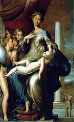 43. Parmigianino, Madonna with the Long Neck, 1535, CE, Galleria degli Uffizi, Florence, oil on wood. Parmigianino, Correggio's pupil, is best known for this artwork. Correggio's exquisite grace and sweetness is shown with Madonna's small oval head, long, neck, and delicacy of hand. It is commissioned by the church of Servities. Ideal beauty is epitomized with Madonna's elongated body. On Madonna's left stands angelic creatures; on the right are columns without capitals, and St. Jerome with a scroll. Her attenuated neck represents an ivory tower of columns shown in medieval hymns. The Christ child sits haphazardly on her lap. The background is theatrical, figures are clustered on the left, and body parts are cut off abruptly.