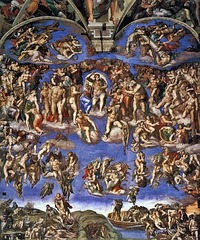 44. Michelangelo Buonarroti, Last Judgment, 1541, CE, Sistine Chapel, Vatican City, Rome, Italy, fresco. Christ is set at the center of the artwork, classical, and nude, showing humility. Around Christ are the Virgin, the Saints, and the Elect, awaiting the verdict. St. Bartholomew, holding his own skin, might be a self portrait of Michelangelo. Hellenistic influence is seen with exaggerated muscles and aesthetics of pain. It was commissioned by Pope Clement VIII, and clothing was added to the figures by him due to cultural norms. The left has the saved, ascending to heaven; the right holds angels and devils pushing the damned to hell. At the bottom is Charon, leading damned to Minos.