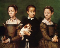 46. Sofonisba Anguissola, Portrait of the Artist's Sisters and Brother, 1555, CE, Methuen Collection, Corsham Court, Wiltshire, oil on panel. This family portrait is unrealistically staged with much emphasis on the simple expressions and relaxed poses of the artist's siblings. This is a contrast to Mannerism's exemplary idealism and exaggeration. However, the slight unbalanced symmetry, leaning towards the right, is typical of Mannerist paintings. Affectionately, for the brother holds a dog while the younger sister (right) diverts her attention to her right. The older sister shows dignity that matches the scene's formality. Anguissola is one of the few female Mannerist painters, and she was influenced by Michelangelo.