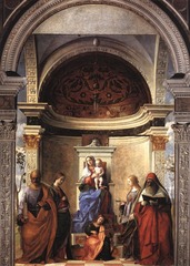 49. Giovanni Bellini, San Zaccaria Altarpiece, 1505, Santa Zaccaria, Venice, Italy, oil on wood transferred to canvas

Giovanni Bellini was the best known of the Bellini Venetian painters. He was a teacher to Giorgione and Titian and introduced oil painting. The altarpiece, more specifically known as the Virgin and Child Enthroned with Saints, is a sacra conversazione or 