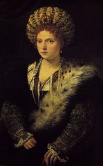 51. Titian, Isabella d Este, 1536, Kunsthistorisches Museum, Vienna, oil on canvas. This oil on canvas painting depicts the Marquess of Mantua, the daughter of the Duke of Ferrara. Though she is shown as a young woman, she was actually 62 when this work was painted. Titian originally painted the older version of her, but she was so disgusted that she made him paint her 40 years younger. In order to give Titian an idea of what she desired, she sent him a younger portrait of her by Giovanni Francesco Zaninello. Titian focuses on her high social rank, beauty, and intelligence. She is shown wearing a balzo and gown with gold and silver trim on the sleeves.