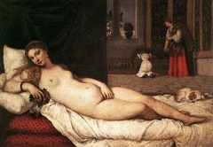 52. Titian, Venus of Urbino, 1538, Galleria degli Uffizi, Florence, oil on canvas. A young nude woman is depicted (goddess Venus?) in a lavish Renaissance palace. Her pose is based on a work of Giorgionne called Sleeping Venus. She looks directly at the viewer and is placed in an erotic pose. Titian domesticates her by placing her in an indoor setting and the dog behind her symbolizes fidelity. It originally would have decorated a cassoni or chest given as a wedding present. Complex spatial environment is evident with the woman placed forward, the servants in the middle, and the plants in the background. It was commissioned by the Duke of Urbino, Guidobaldo Il della Rovere and was actually intended to serve as a model for his young bride. This painting inspired Manet's Olympia.