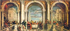 53. Paolo Veronese, Christ in the House of Levi, 1573, CE, Galleria dell Accademia, Venice, oil on canvas. Measuring at 18x42 feet, this painting is one of the largest from the 1500s. It was commissioned by the Dominican order of SS. Giovanni as a Last Supper painting to replace an earlier work. The previous one, by Titian, was destroyed in a fire in 1571. The painting by Veronese depicts a banquet with Christ, clothed in a green robe, in the center. He is surrounded by people in extravagant costumes and various poses. The scene is framed with pillars and archways and a staircase on the right. Veronese was investigated by the Roman Catholic Inquisition for irreverence and heresy for depicting 