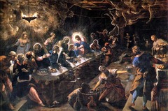 59. Tintoretto, Last Supper, 1594, CE, Chancel, San Giorgio Maggiore, Venice, Italy, oil on canvas. Extension of a high altar piece. Uses imbalanced composition and visual complexity. Light comes from the ceiling and from Jesus. Christ is at the center of the artwork. The figures in the artwork is elongated. The light at the ceiling is a flying upside down angel. It also casts a long shadow. Detail of everyday life. Christ is shown giving Saint Peter the Eucharist. The point of view in this painting is given from an angle where it would give the artwork more balance. The apostles radiate away from Christ in a mathematical symmetry.