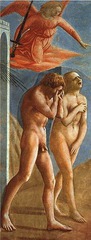 6. Masaccio, Expulsion of Adam and Eve from Eden, 1425, CE, Brancacci Chapel, Santa Maria del Carmine, Florence, Italy, fresco. This fresco by Masaccio (patronized by the Brancacci family) boldly uses nude figures. Adam and Eve are covering themselves in shame after eating the forbidden fruit from the Tree of Life. The Eve figure is reminiscent of the famous Venus Pudica, Praxiteles's Aphrodite of Knidos. Eve is slightly anatomically incorrect because Renaissance artists did not have many Classical female models. Some art historians believe that Adam was based off the satyr Marsyas. The angel is foreshortened to convey a sense of movement towards the couple. Masaccio uses chiaroscuro to give a three-dimensional effect to the figures and to highlight them.