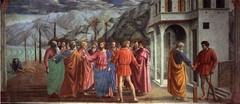 8. Masaccio, Tribute Money, 1427, CE, Brancacci Chapel, Santa Maria del Carmine, Florence, Italy, fresco. This fresco is part of a cycle on the life of Saint Peter from the Book of Matthew. The continuous narrative starts in the middle with Jesus, then goes to Peter finding a coin in a fish's mouth on the right, and finishes with Peter paying the temple tax on the right. This painting uses single-point (also called vanishing) perspective converging on Jesus's head. Masaccio uses chiaroscuro, a technique using contrasting light and dark, to create a sense of three-dimensionality and realism. To distinguish the religious figures apart from the tax collectors, Masaccio paints haloes on Jesus and his disciples.