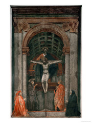 9. Masaccio, Holy Trinity, 1428, CE, Santa Maria Novella, Florence, Italy, fresco. This buon fresco by Masaccio was patronized either by the Lenzi or Berti family as a tombstone. This depicts a crucifixion scene with Jesus on the cross with Mary and Saint John at Christ's feet. This Mary is different from other contemporary Mary's in that the Virgin actually looks like an old woman. The dove above Christ's head symbolizes the Holy Spirit, while God behind Jesus completes the Holy Trinity. God is depicted as a man instead of a hand (like medieval art). Masaccio uses linear perspective in the Brunelleschi-inspired architecture. The tomb on the bottom is a memento mori.