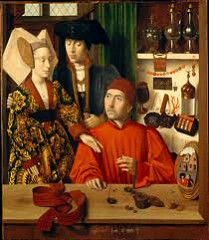 A Goldsmith in His Shop by Christus, 15th Cen. N Renaissance 
- possibly st Eligius, who was originally goldsmith 
- religious and secular realms 
- importance/sacredness of marriage
- couple being showed set of rings, bride's girdle on table - chastity .. discarding chastity to be married 
- crystal container for eucharistic wafers, next to scales w/last judgement
- pattern of commerce - goldsmith's guild commission/advertising? - special stones, various pieces of jewelry, pewter jugs as gifts, importance of guild
- meticulous detail, minaturistic 
- convex mirror in foreground, better involvement shows reflection of viewers