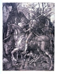 Albrecht Durer 
Knight, Death, and the Devil 
1513
Engraving 
- Durer's Christian knight, armed with his faith, rides fearlessly through a meticulously rendered landscape, challenging both Death and the Devil. The engraving rivals the tonal range of painting