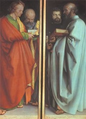 Albrecht Durer
Four Apostles
1526 
Oil on wood 
- Durer's support for Lutheranism surfaced in his portrait-like depictions of four saints o two painted panels. Peter, representative of the pope in Rome, plays a secondary role behind John the Evangelist
- Mark and Paul on the right panel