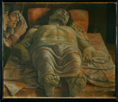 Andrea Mantegna. Italian. Lamentation over the body of Christ, c. 1500. Early Renaissance. -master of perspective -strikingly realistic, biblical scene, careful linear perspective, Mantegna reduces the size of his feet, otherwise would have covered body -tempering naturalism with artistic language, 
