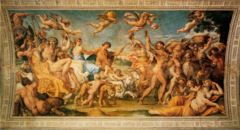 Annibale Carracci, Italian. Triumphal Procession of Bacchus & Ariadne, Farnese Palace, Ceiling, 1597-1601. Baroque. -Carracci's center panel, Bacchus comes with his entourage to rescue Ariadne on the isle of Thosos -Not like Carvaggio, which are strongly light and dark full of chiaruscuro -very evenly lit (related to high renaissance interest) -style: figures are heroic, similar to high renaissance -Baroque classicsm -Carvaggio : Baroque naturalism -in both cases the art was produced in reaction to Mannerism (IT HAD TO GO) -we already saw this story in an early Titian picture form High Renaissance in Venice