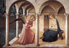 Annunciation by Fra Angelico, 15th Cen. Italian Ren
- Fresco
- top of stairs leading to friar's quatrters
- inscription warnig heysayers 
- architectural settibg, pointed arxches
- composite
- mary frail, concave, defined space
- detailm nature 
- faavric really beutiful, spirituall