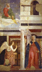 Annunciation by Piero Della Francesca, 15th Cen. Italian Ren
- 4 legends from Legend of the true cross, true one was magical
- mathematical precision, geometry
- light and color 
- darker, but hint of blond palate
- shadows not grey or black, but instead blues and purples 
- geometry in organization, shape of figures, 3D
- bodies larger than heads = trying to focus on triangles over proportioning
- Virgin has vacancy, detatchment 
- scene flooded with light, center is darkest