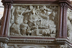 Annunciation & Nativity by Nicola Pisano, Proto-Renaissance
- framed in arches, part of Pulpit of Pisa
- Inspiration Classical sarcophagus, no spacial recession, few shadows
- Gestures: 2 figures in corner, 2 angels pointing at Mary, pointing to herself in disbelief, no body contour, little recession into space
- Posture: Like sarophagus, like lounging, but tilted on one hip, very unnatural pose 
- Faces are types, except for facial hair, heavy draperyand figures, sustematic folds
-Third bottom sceene, women washing, farm animals, people coming to see christ, nativity scene
Nativity and Annunication to the