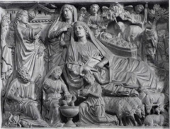 Annunciation, The Nativity, and the Annunciation to the Shepherds, Nicola Pisano, 1260, panel from pulpit in Pisa Baptistry, marble