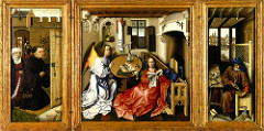 Annunciation Triptych, Campin, 1427, oil on wood 
-three panels 
Left: Donors peering into the house 
Middle: House scene 
Right: Joseph crafting a mousetrap (symbol for the trap of the devil) to keep the devil from entering the home) 
view of a typical flemish city in the background 
lots of religious symbolism in a modern mercantile environment 
portable, made for upper middle class home (shows the new material culture and how art was more affordable on the public sector) 
homely feel, the piece takes place in the house 
christ with golden reigns and cross on back flies toward Mary (angel Mary in the center) 
multiple view points, no linear perspective (very different from Masaccio and Brunelleschi) 
very disproportionate, figures too big for the space, floor and table tilted