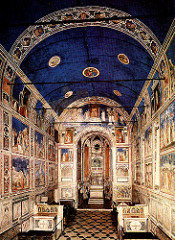 Arena Chapel by Giotto, Proto-Renaissance 
-built for wealthy merchant near palance
-rectangular barrel-vaulted hall, six windows, well-illuminated 
-real play of light/shadow from real window painted into panels
- north wall: christian redemption, other pictures w/life of christ, many 
- top-mary and parents, middle-life and mission of christ, 3rd-crucifixion and resurrection, last-made to look like painted marble, grisalle, like illusion supposed to represent virtures/vices 
- ceiling blue w/stars representing heaven, blue unifies w/use throughout chapel, medallions of christ, mary, prophets
-black rods to support walls