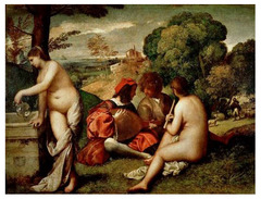 Artist: Giorgione
Style: Renaissance
Medium: Oil on canvas
Museum/City: Louvre, Paris
Connection: Inspired Titian's smooth oil paintings with bright colors
1. The painting was secular, unusual for the time
2. The lack of attention to the women by the men is an uncommon depiction
3. The painting has an unusual perspective, odd compared to the perfect linear perspective used by other colors