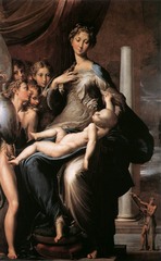 Artist: Parmigianino
Style: Mannerist
Medium: Oil on wood
Museum/City: Uffizi, Florence
Connection: Emotion in Michelangelo's Pieta
1. The baby christ is sometimes thought to be dead, due to his pale color and limp form
2. The madonna displays unusual proportions, having an abnormally long neck and fingers
3. The purpose of the small prophetic figure in the corner is unknown, other than for religious symbolism