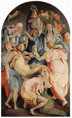 Artist: Pontormo
Style: Mannerist
Medium: Oil on wood
Museum/City: Church of Santa Felicita, Florence
Connection: Hellenistic emotion
1. Pontormo studied with Da Vinci, which is not shown in many of his awkward and distorted paintings, unlike those of Da Vinci
2. The bright colors are characteristic of the style
3. It is Pontormo's most famous work