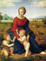 Artist: Raphael
Style: Renaissance
Medium: Oil on panel
Museum/City: Kunst Historic Museum, Vienna
Connection: Inspired by Da Vinci's geometric composition
1. Features John the Baptist and Jesus
2. The red on the madonna's robe symbolizes christ's death and the blue symbolizes the church
3. Raphael mainly painted madonnas like these while in Florence, which he has come to be most known for