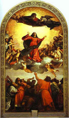Assumption of the Virgin by Titian, Venetian
- Light through color - look as if glowing
- Virgin mary rising to heaven, glowing clouds, 'accepting' her, light radiates into church interior 
- Father god above welcoming her into open arms
- people around her gesticulating
- drama/intensity w/colorations