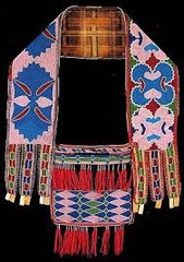 Bandolier bag Lenape (Delaware tribe, Eastern Woodlands). c. 1850 C.E. Beadwork on leather This is an object that invites close looking to fully appreciate the process by which colorful beads animate the bag, making a dazzling object and showcasing remarkable technical skill.