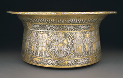 Basin (Baptistère de Saint Louis) Muhammad ibn al-Zain. c. 1320-1340 C.E. Brass inlaid with gold and silver The Mamluks, the majority of whom were ethnic Turks, were a group of warrior slaves who took control of several Muslim states and established a dynasty that ruled Egypt and Syria from 1250 until the Ottoman conquest in 1517. The political and military dominance of the Mamluks was accompanied by a flourishing artistic culture renowned across the medieval world for its glass, textiles, and metalwork.
