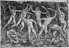 Battle of the Ten Nudes by Pollaiuolo, 15th Cen. Italian Ren 
- 10 nudes fighting each other - humans in violent actions 
- carved print 
- foreshortening
- stiff/frozen figures
- muscle groups at maximum tension