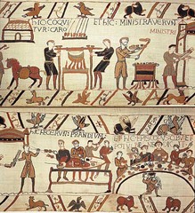 Bayeux Tapestry Romanesque Europe. c. 1066-1080 C.E. Embroidery on linen The Bayeux Tapestry has been much used as a source for illustrations of daily life in early medieval Europe. It depicts a total of 1515 different objects, animals and persons . Dress, arms, ships, towers, cities, halls, churches, horse trappings, regal insignia, ploughs, harrows, tableware, possible armorial changes, banners, hunting horns, axes, adzes, barrels, carts, wagons, reliquaries, biers, spits and spades are among the many items depicted
