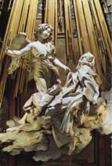 Bernini. Italian. Ecstasy of St. Theresa, 1645—52. (Cornaro Chapel, Santa Maria della Vittorio) Baroque. -her robe reacts to her ecstatic vision, no part of St Theresa is visible, face has beautiful expresison -the tobe carries the energy of the vision -vibrates with force -St Theresa's face throws her face back, sexual transport -religious experience, ecstacy of saints because they are emotional reactions, bi part of baroque art -naturalistic expression, all relate and can relate to