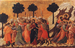 Betrayal of Christ by Duccio, Proto-Renaissance
- Betrayal of Jesus by judea's false kiss, st peter chopping ear of hight priest servants, disciples fleeing
- elongation, shadow, modeling, drapery as very convincingly depicted - 3-dimensional form, shades of color
- motion of figures w/planting of feet, so sway is in body 
- little recession into space, background by everything pushed forward - emotion in faces, huumanization of religious subject matter