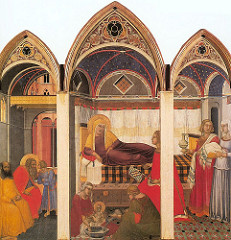 Birth of the Virgin by Pietro Lorenzetti, Proto-Renaissance
- pictorial realism, spacial recession
- altarpiece in Siena
- tempura on wood 
- virgin as queen of the republic, part of 3-panel piece yet only 2 scenes
- scene from life of virgin w/parents, delivering Mary w/mother and midwives
- weariness, emotional side
- boxlike stage setting, yet more of a home
- italian palatzo - palace depiction, altarpiece of 3 sections 
- opened up, very architectural, recession into space
- propagandistic with recurring crusades, oriental rug underneath people - take over world