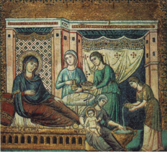 Birth of the Virgin, Pietro Cavallini, late 1290s, Transept wall of S.M. Maggiore in Trastevere, Rome, mosaic