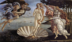 Birth of Venus by Bottecelli, 15th Cen. Italian Ren 
- sense of beauty of soul - mmysticism and spirituality 
- at birth, perfection is corrupted, must be regained through god's love
- neoplatonist ideal beauty 
- based on poem
- zephers represent winds blowing venus to shore to island cyprus 
- figre of pomona
- lightness/bodilessness, sense of energy
- undulating clothing 
- perfume of rose petals falling with wind 
- man better chance understanding divinity as seen as this form 
- illusion to the virgin 
- full figured classical nude
