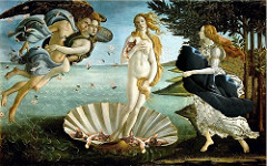 Botticelli, Birth of Venus, 1483, tempura on panel 

Idea: 
If we can contemplate physical beauty (elegance of Venus's pose, the waves flowers and the birds) than we can understand divine beauty (Venus) 

breaking convention (only acceptable nude was Eve) 
sensual 
flexibile, skelatel 
zephyrs on left 
we can see the wind behind the zephyrs to show Venus's interaction with the natural elements
